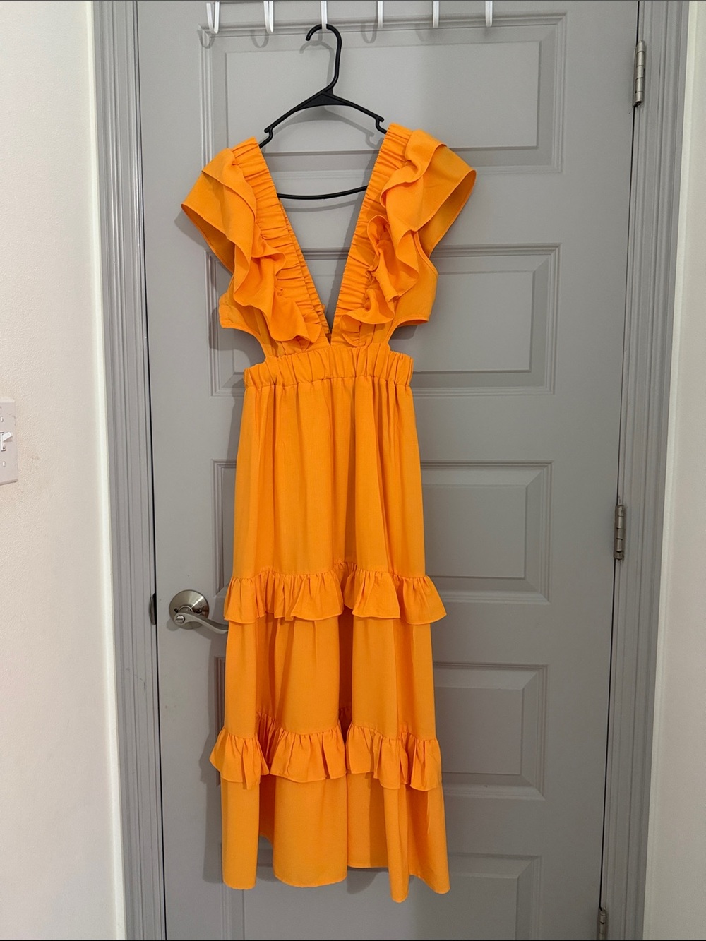 Women's Ruffle V-Neck Orange Maxi Dress